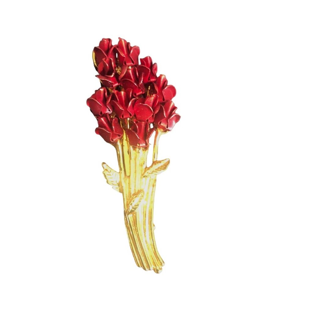 Vintage Red Roses Brooch Pin Metal Gold Toned Jewelry M 12 Valentines Old Money